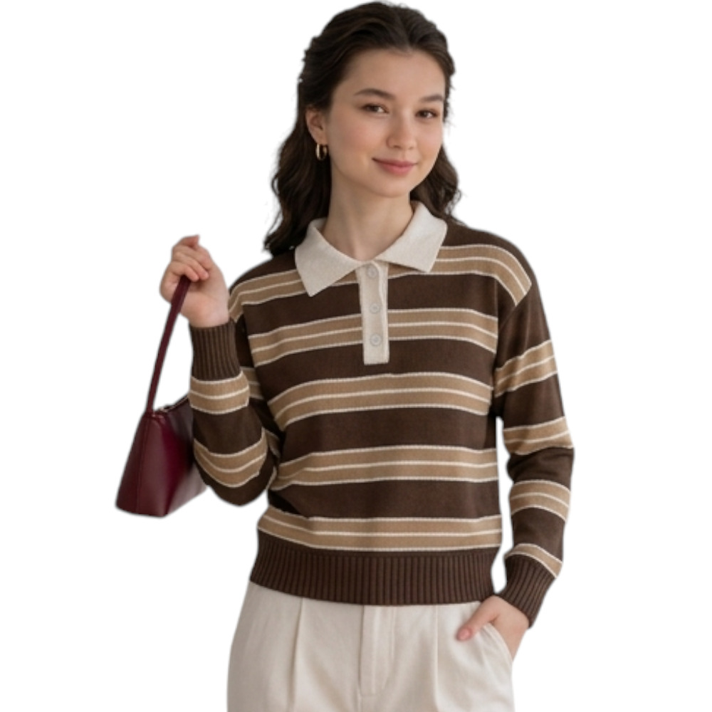 CHOMPA CAMISERO MUJER ROSG-25 TRIPLE RAYA HILO TACTO ALGODON CHOCOLATE RAYAS CARTON - 4