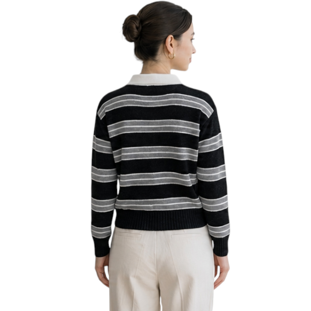 CHOMPA CAMISERO MUJER ROSG-25 TRIPLE RAYA HILO TACTO ALGODON NEGRO RAYAS PLOMO - 2