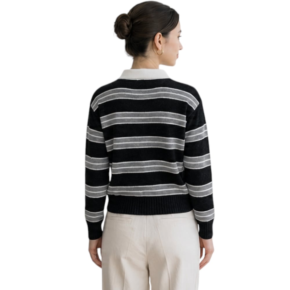 CHOMPA CAMISERO MUJER ROSG-25 TRIPLE RAYA HILO TACTO ALGODON NEGRO RAYAS PLOMO - 2