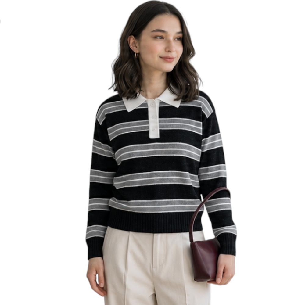 CHOMPA CAMISERO MUJER ROSG-25 TRIPLE RAYA HILO TACTO ALGODON NEGRO RAYAS PLOMO - 3
