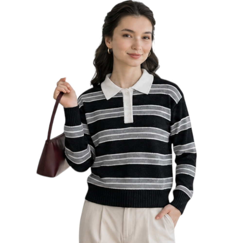 CHOMPA CAMISERO MUJER ROSG-25 TRIPLE RAYA HILO TACTO ALGODON NEGRO RAYAS PLOMO - 4