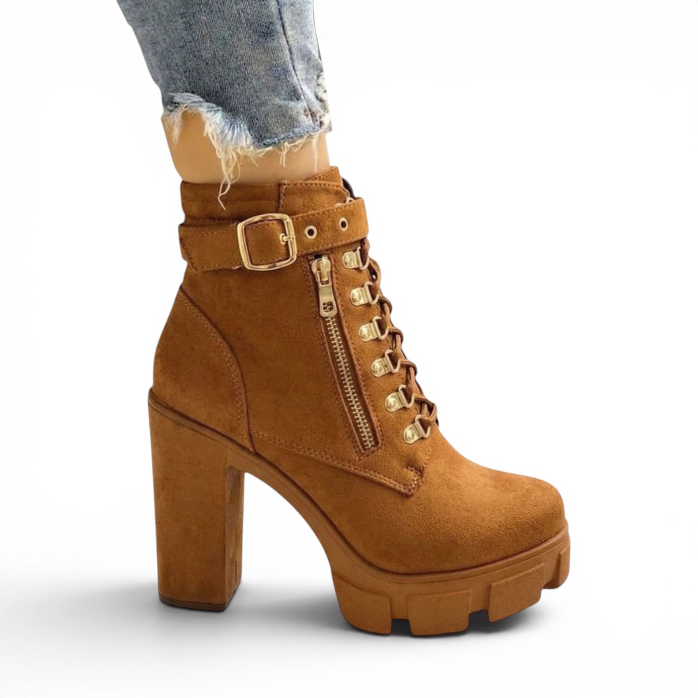 BOTIN MUJER 2086-70 GAMUZA TACO CUADRADO 9 COLOR CARAMELO - 1