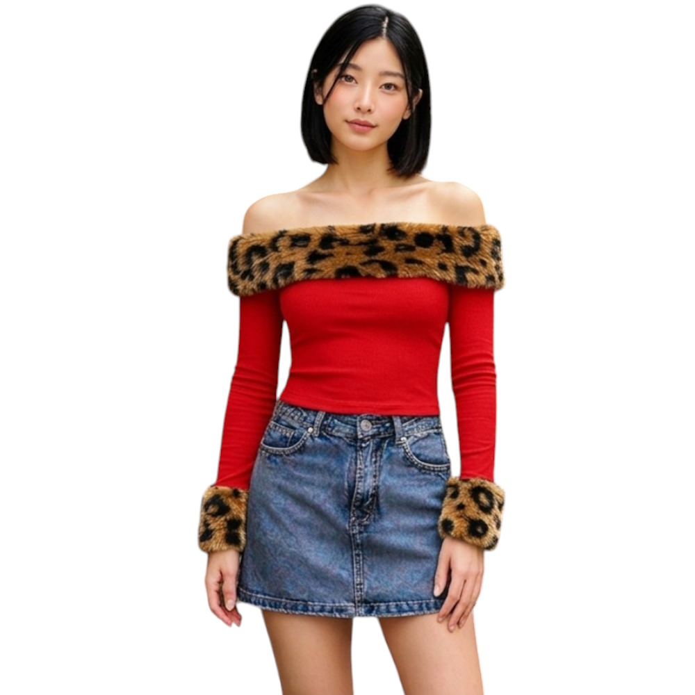 POLO MUJER OFF SHOULDER PELUCHE PRINT SANDSOT35-18 MATERIAL RIB GRUESO ALGODON COLOR ROJO - 1