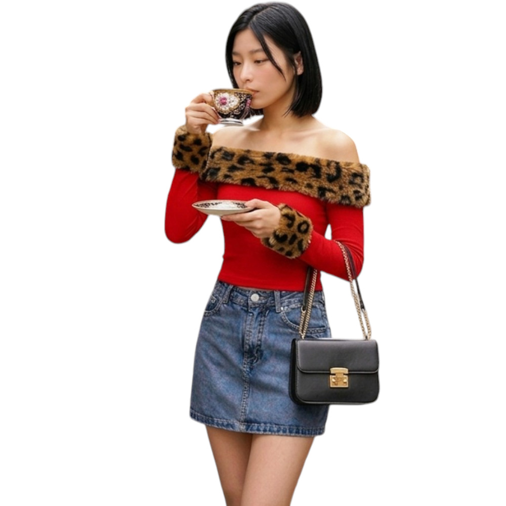 POLO MUJER OFF SHOULDER PELUCHE PRINT SANDSOT35-18 MATERIAL RIB GRUESO ALGODON COLOR ROJO - 4