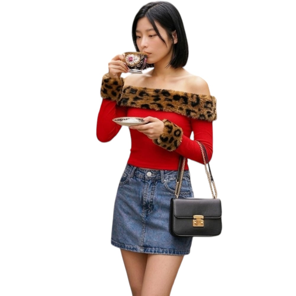 POLO MUJER OFF SHOULDER PELUCHE PRINT SANDSOT35-18 MATERIAL RIB GRUESO ALGODON COLOR ROJO - 4