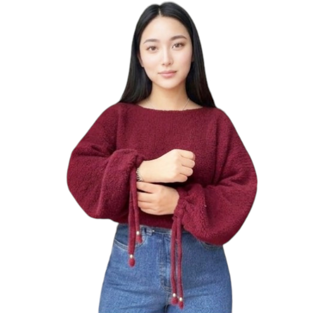 CHOMPA MUJER CASUAL BRA127C-21 ESFERAS DORADAS EN LA PITA HILO PELUCHE COLOR VINO - 3