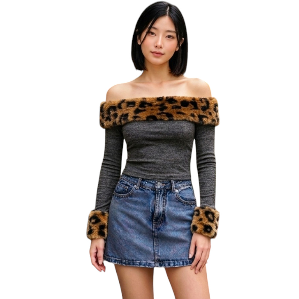 POLO MUJER OFF SHOULDER PELUCHE PRINT SANDSOT35-18 MATERIAL RIB GRUESO ALGODON COLOR PLOMO RATA - 1