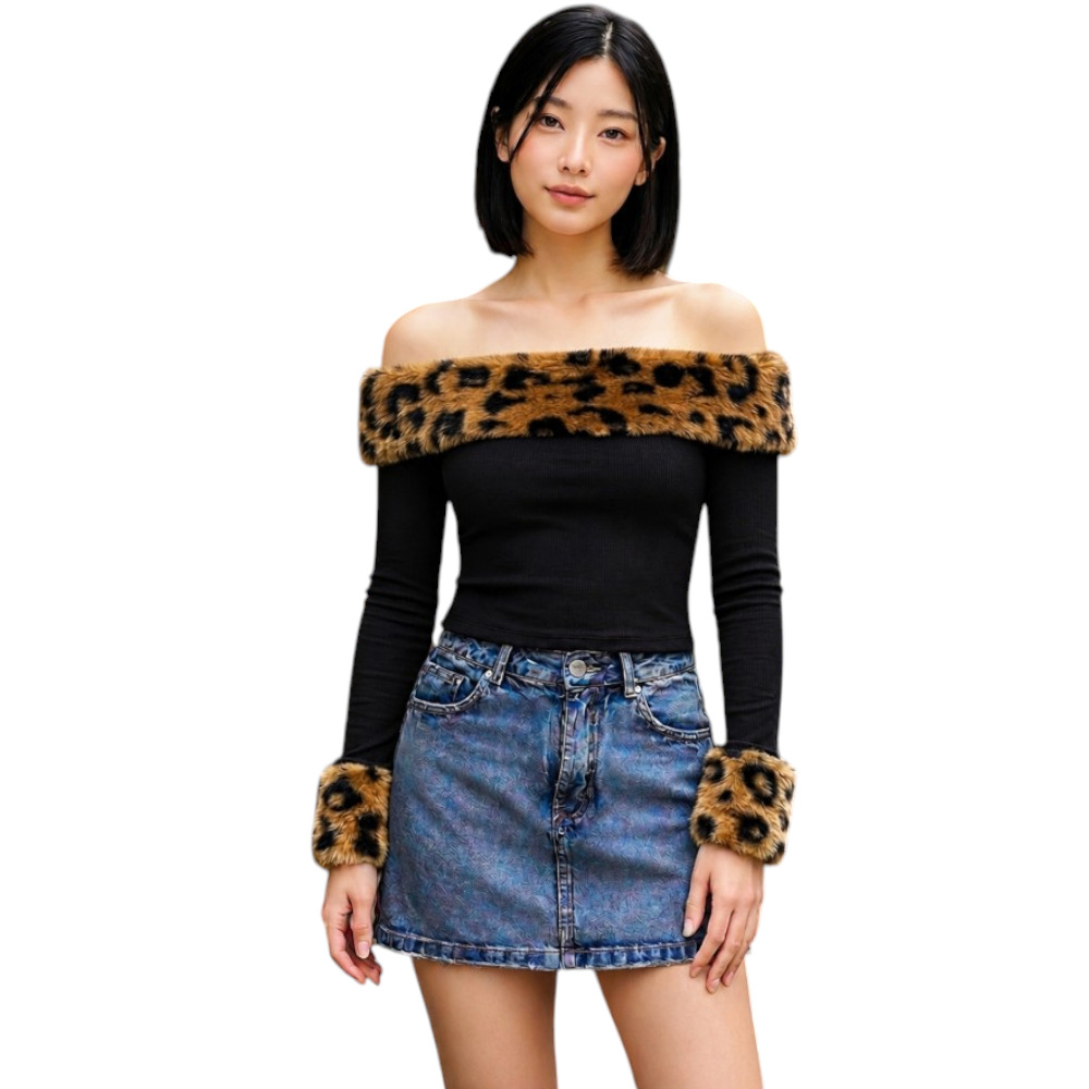 POLO MUJER OFF SHOULDER PELUCHE PRINT SANDSOT35-18 MATERIAL RIB GRUESO ALGODON COLOR NEGRO - 1