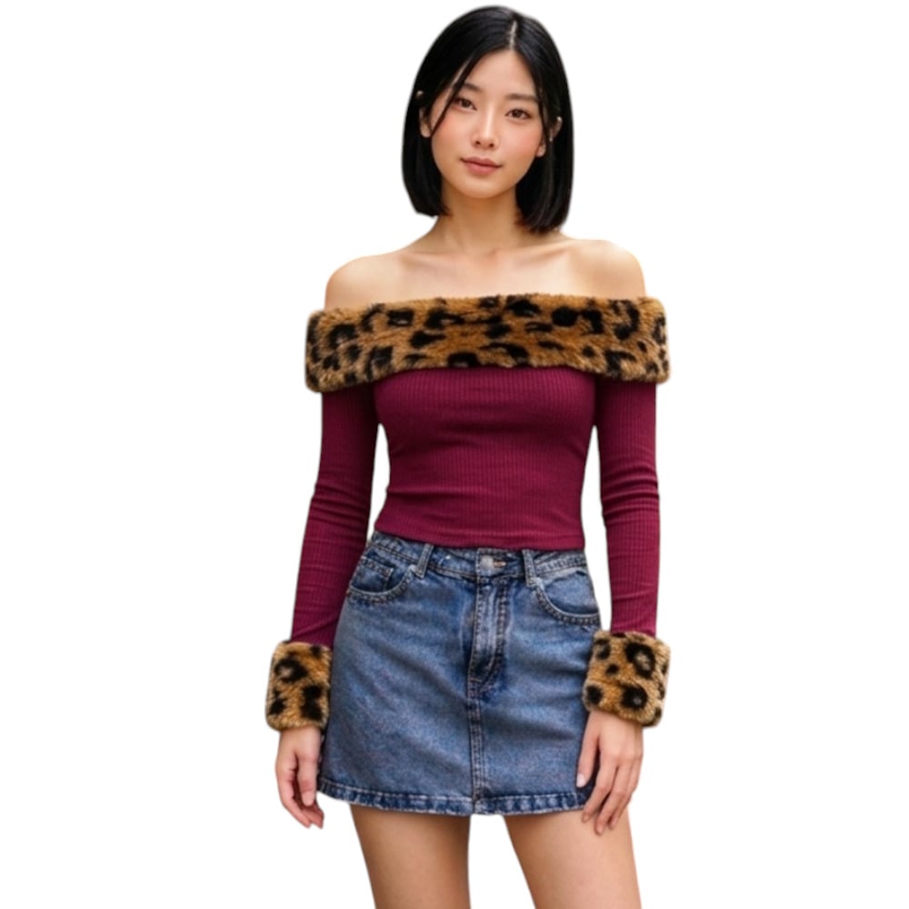 POLO MUJER OFF SHOULDER PELUCHE PRINT SANDSOT35-18 MATERIAL RIB GRUESO ALGODON COLOR VINO - 1