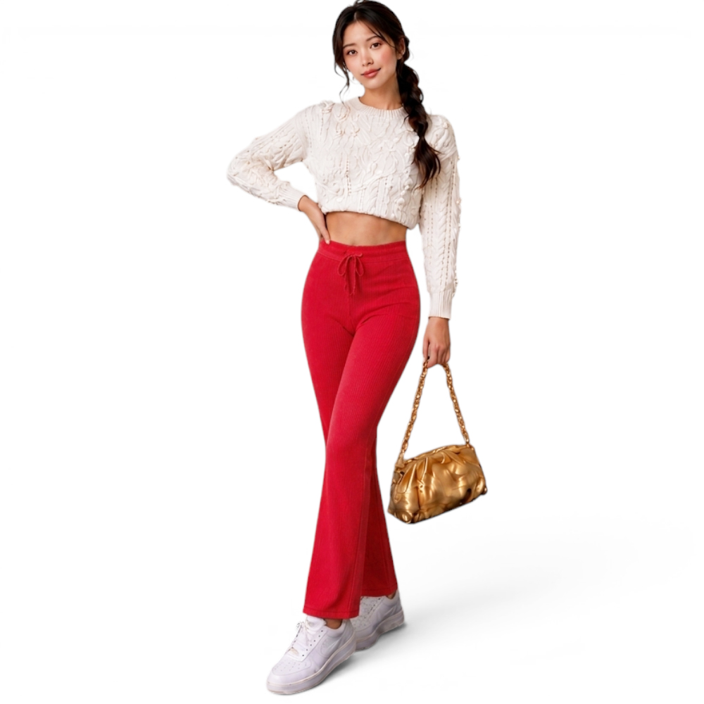 PANTALON MUJER ROXY-25 PALAZO PRETINA HILO TACTO ALGODON COLOR ROJO - 2