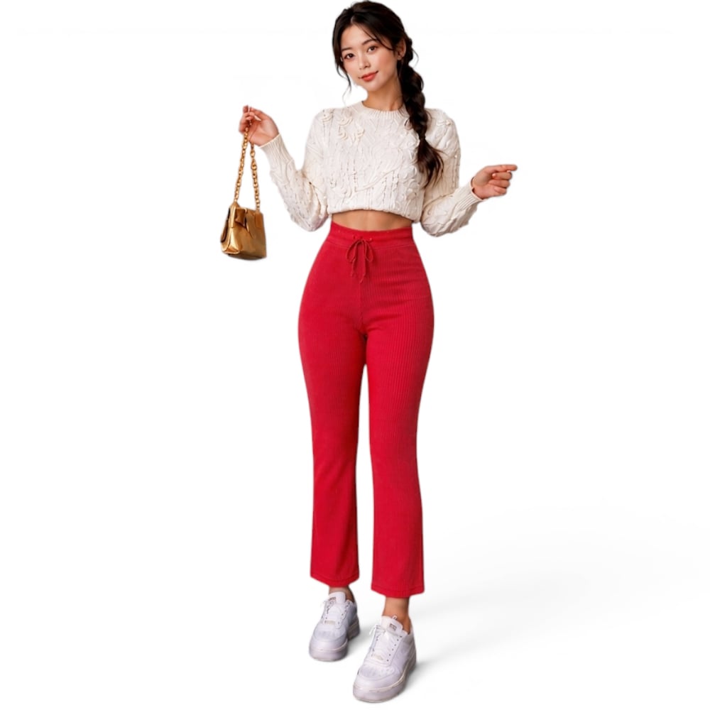 PANTALON MUJER ROXY-25 PALAZO PRETINA HILO TACTO ALGODON COLOR ROJO - 4
