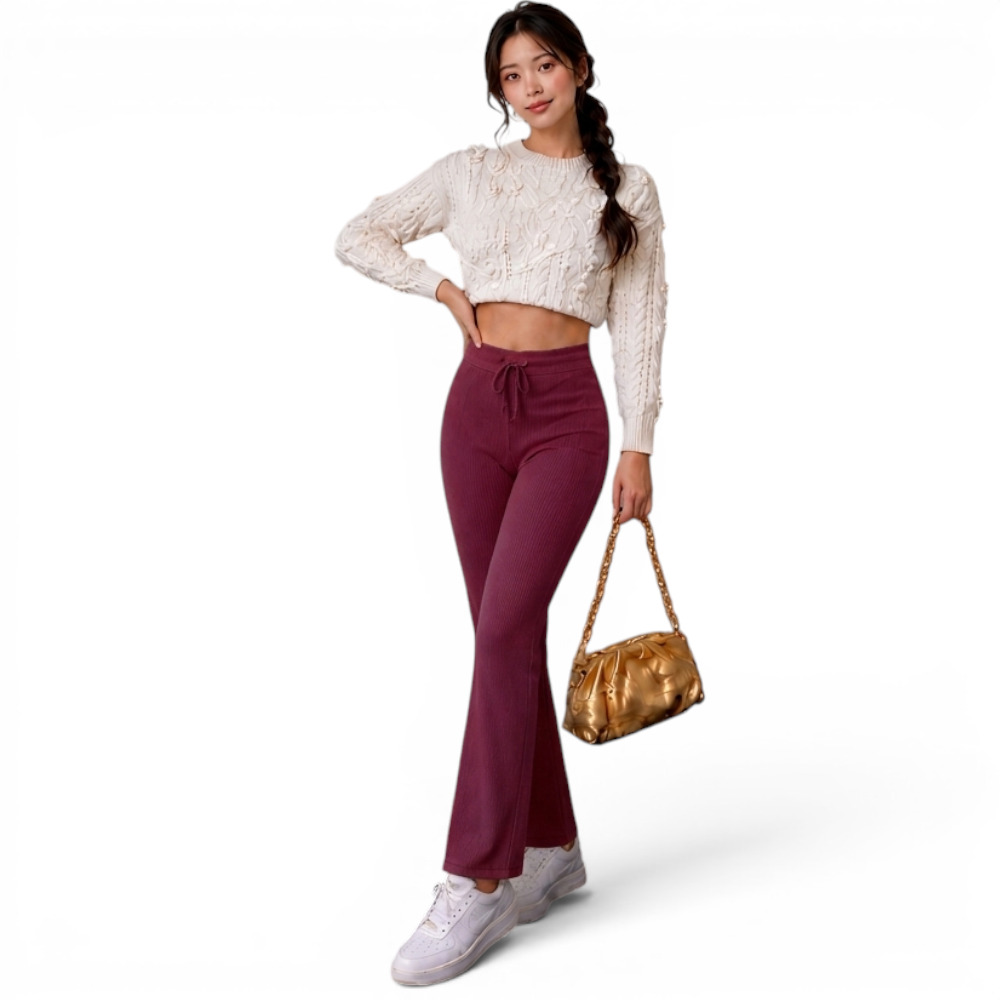 PANTALON MUJER ROXY-25 PALAZO PRETINA HILO TACTO ALGODON COLOR VINO - 2