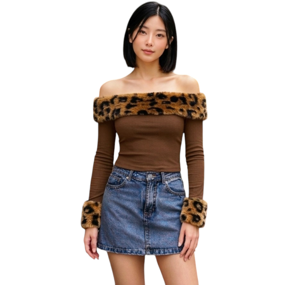 POLO MUJER OFF SHOULDER PELUCHE PRINT SANDSOT35-18 MATERIAL RIB GRUESO ALGODON COLOR CHOCOLATE - 1