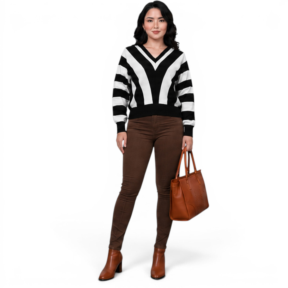 SUETER MUJER CASUAL MAD272G-25 ZAFIRO V HILO TACTO ALGODON COLOR NEGRO CON PERLA - 3