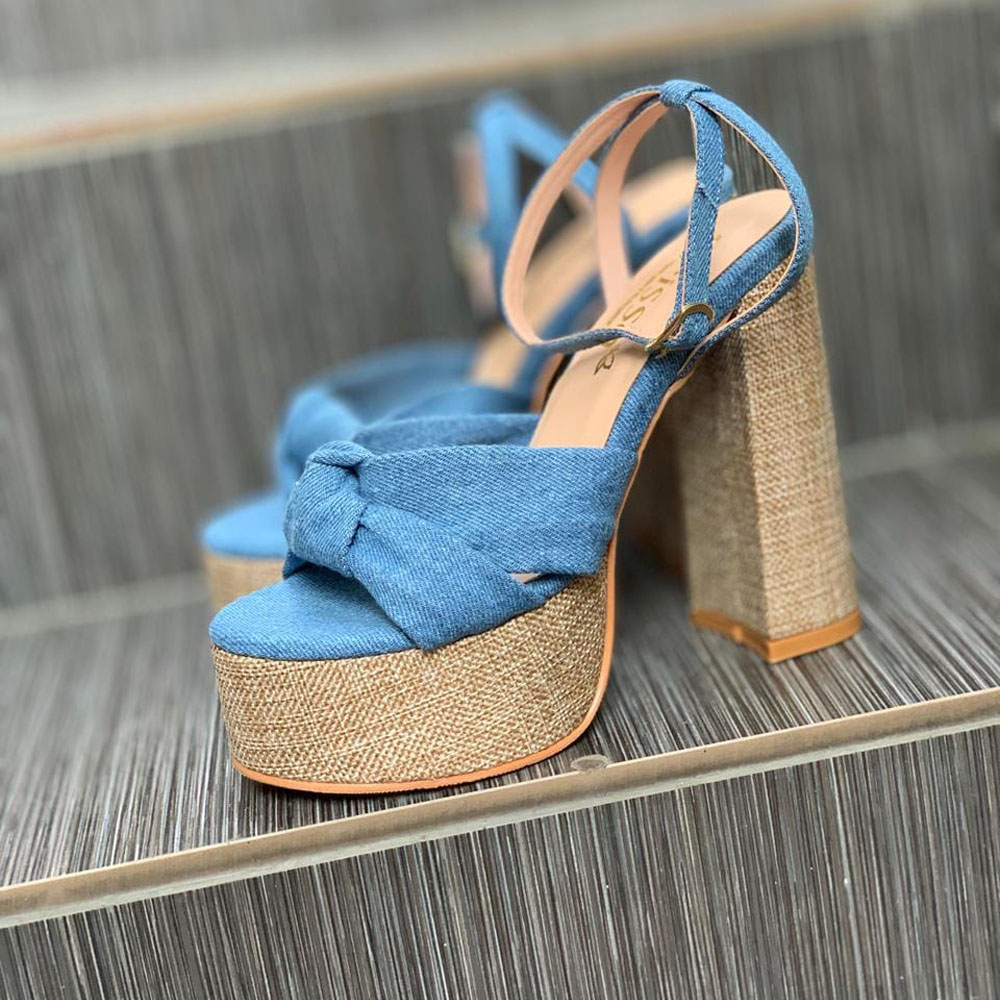 SANDALIA MUJER ELEGANCIA 2086-78 TACO 12 FORRADO EN YUTE COLOR CELESTE - 2