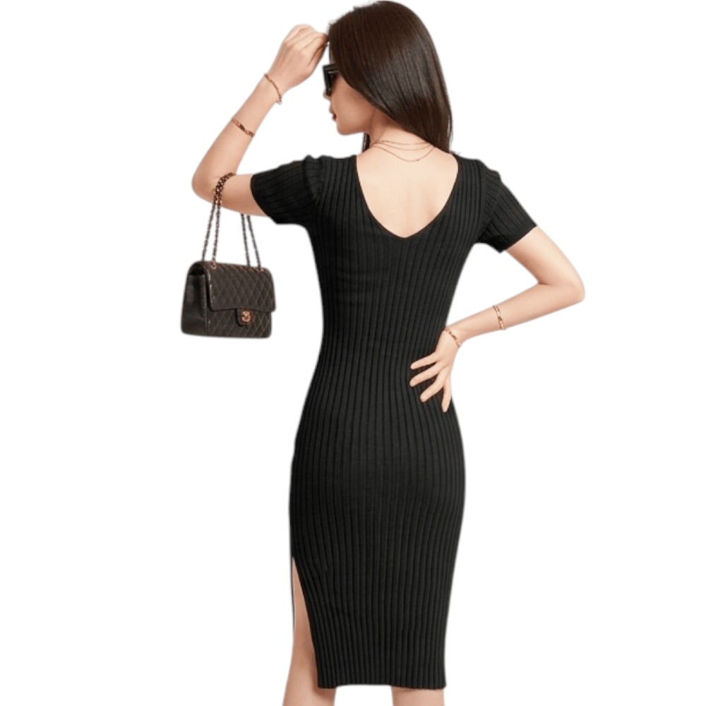 VESTIDO DOBLE V MANGA CORTA GREI362-23 HILO TACTO ALGODON COLOR NEGRO - 2