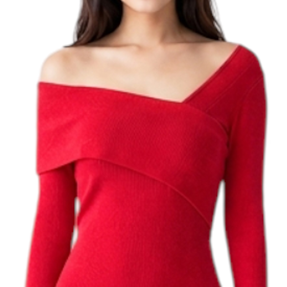 VESTIDO ASIMETRICO MANGA LARGA BROCHES RIB GRUESO COL-26 COLOR ROJO - 2