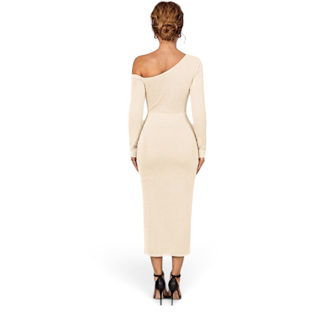 VESTIDO ASIMETRICO BROCHE MANGA LARGA DOM464-30 CASHIMIR COLOR CRUDO - 2