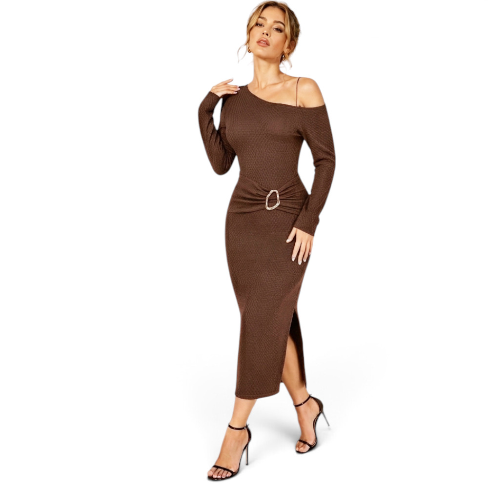 VESTIDO ASIMETRICO BROCHE MANGA LARGA DOM464-30 CASHIMIR COLOR CHOCOLATE - 3