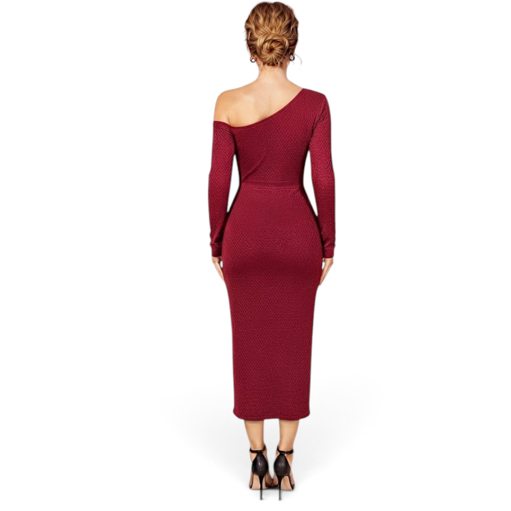 VESTIDO ASIMETRICO BROCHE MANGA LARGA DOM464-30 CASHIMIR COLOR VINO - 2