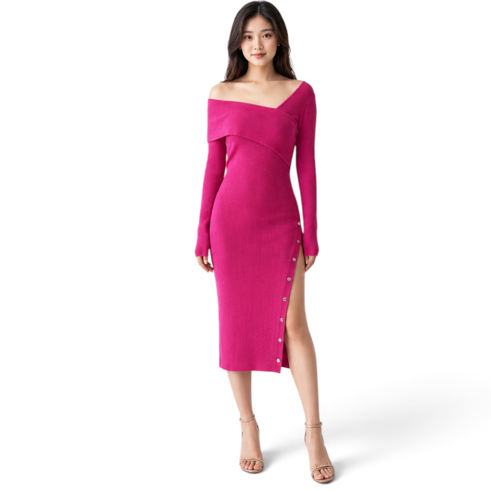 VESTIDO ASIMETRICO MANGA LARGA BROCHES RIB GRUESO COL-26 COLOR FUCSIA - 1
