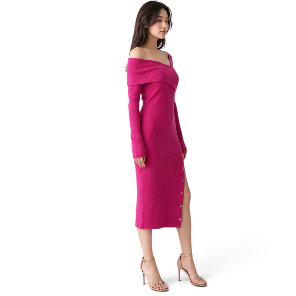 VESTIDO ASIMETRICO MANGA LARGA BROCHES RIB GRUESO COL-26 COLOR FUCSIA - 4