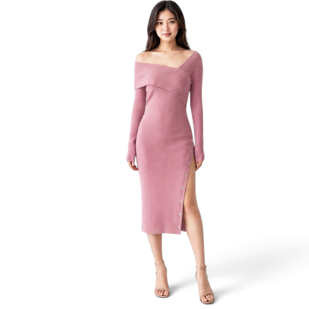 VESTIDO ASIMETRICO MANGA LARGA BROCHES RIB GRUESO COL-26 COLOR PALO ROSA - 1