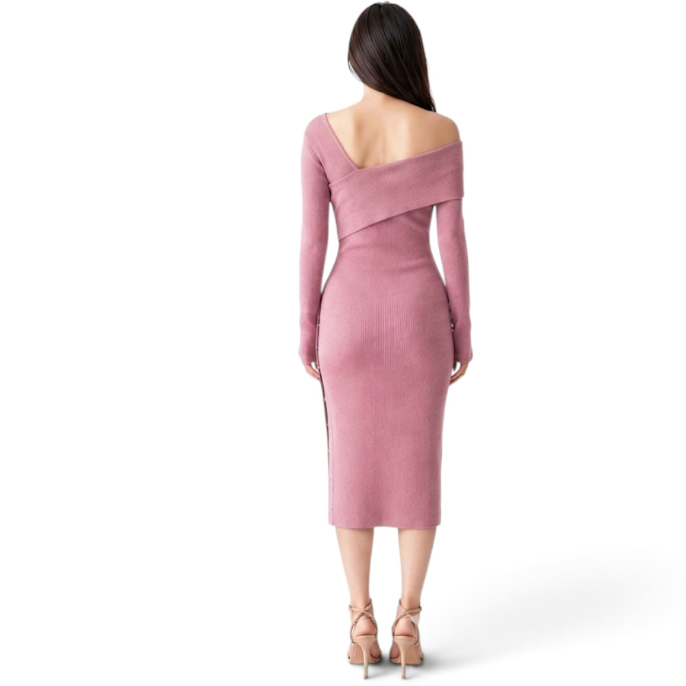 VESTIDO ASIMETRICO MANGA LARGA BROCHES RIB GRUESO COL-26 COLOR PALO ROSA - 3