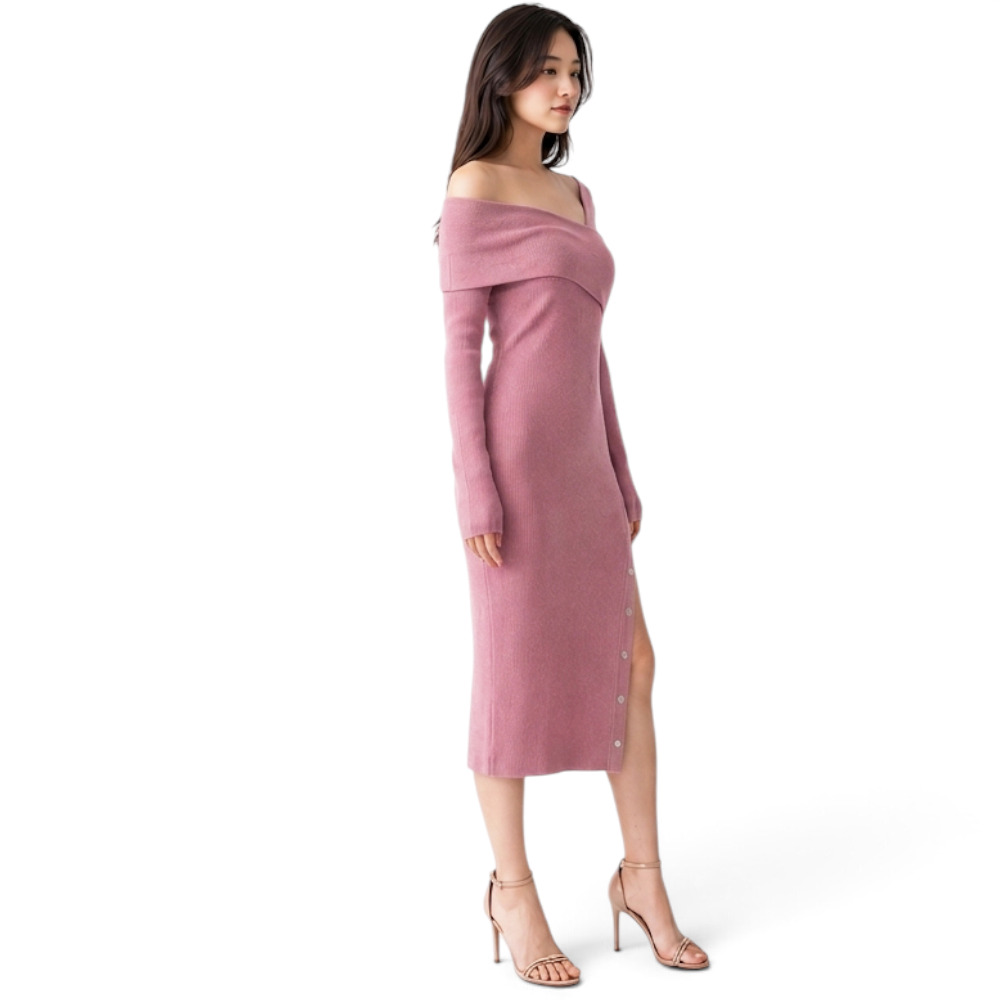 VESTIDO ASIMETRICO MANGA LARGA BROCHES RIB GRUESO COL-26 COLOR PALO ROSA - 4