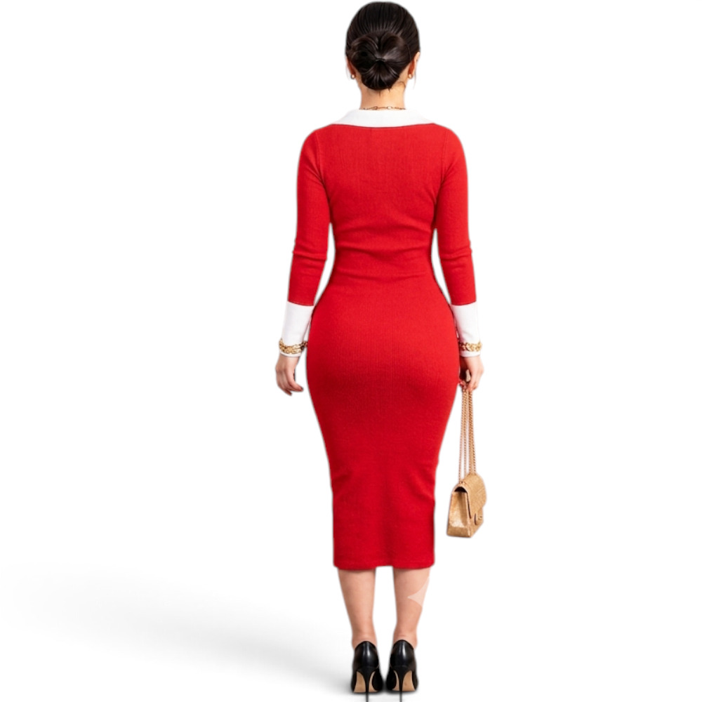 VESTIDO CAMISERO BICOLOR MANGA LARGA TIC-24RIB GRUESO ALGODON COLOR ROJO - 2