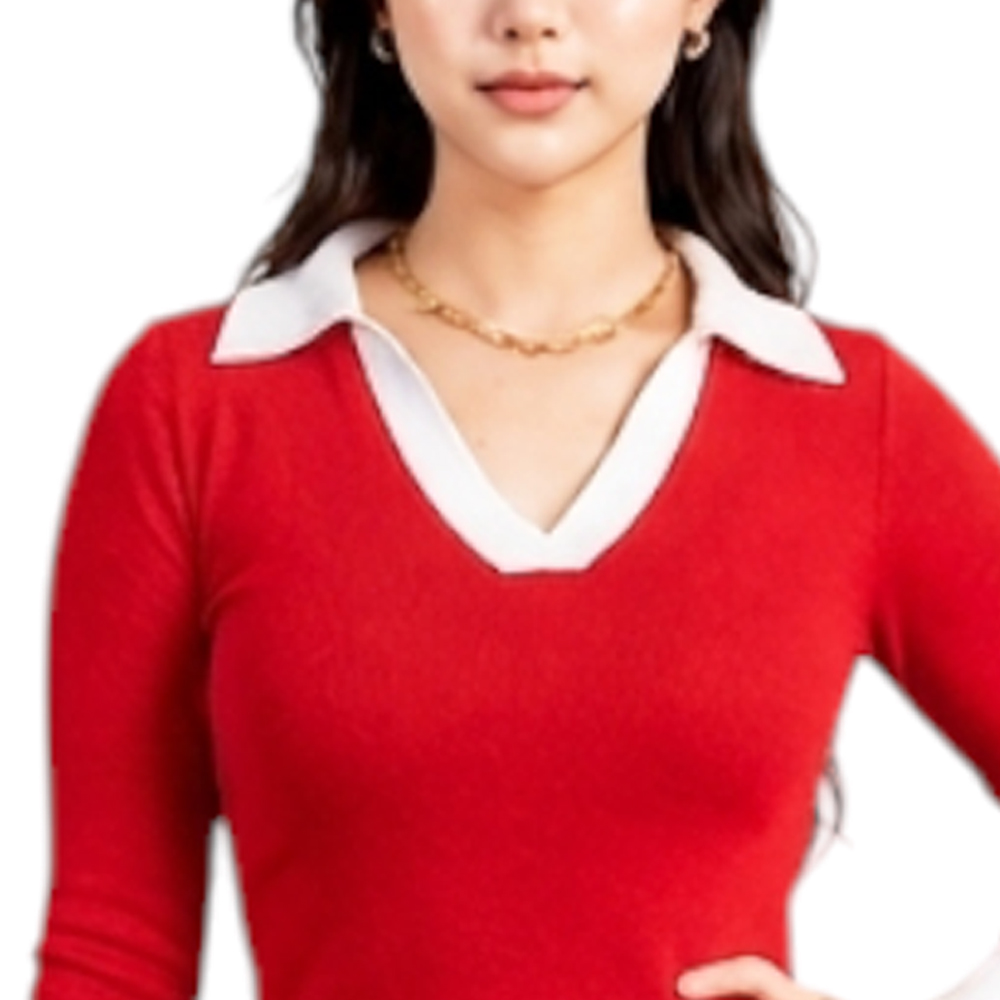VESTIDO CAMISERO BICOLOR MANGA LARGA TIC-24RIB GRUESO ALGODON COLOR ROJO - 5
