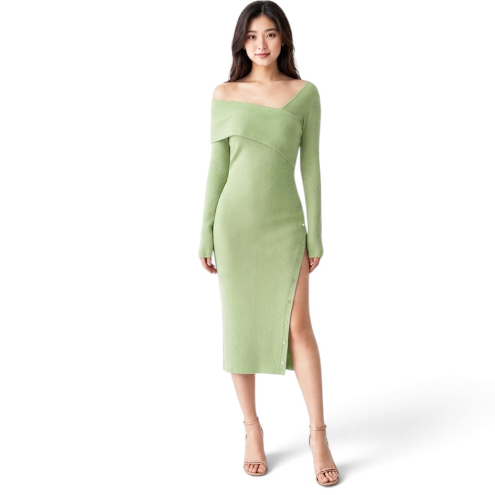 VESTIDO ASIMETRICO MANGA LARGA BROCHES RIB GRUESO COL-26 COLOR VERDE MANZANA - 1