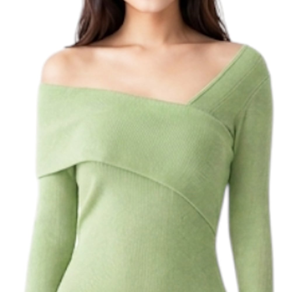 VESTIDO ASIMETRICO MANGA LARGA BROCHES RIB GRUESO COL-26 COLOR VERDE MANZANA - 2