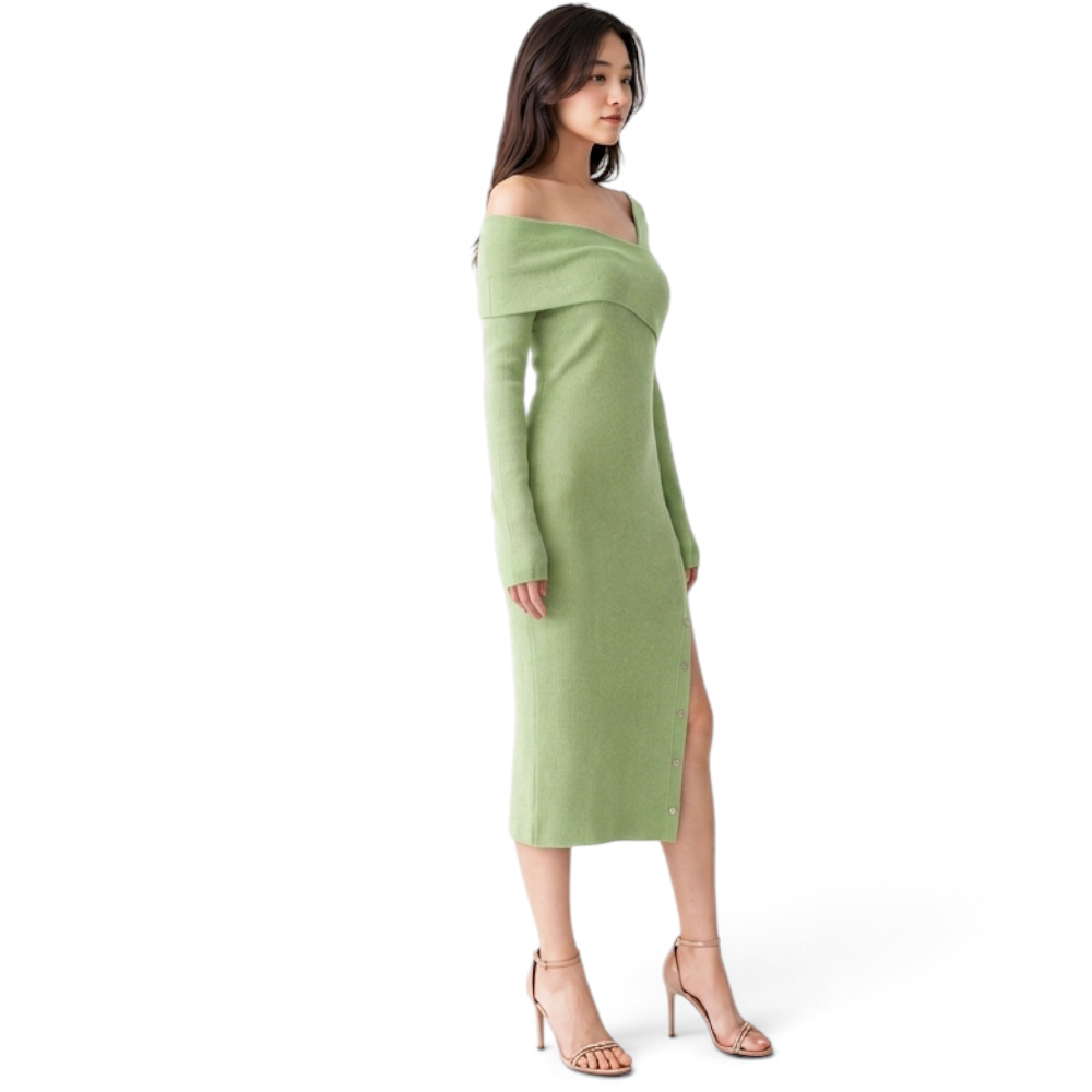 VESTIDO ASIMETRICO MANGA LARGA BROCHES RIB GRUESO COL-26 COLOR VERDE MANZANA - 4