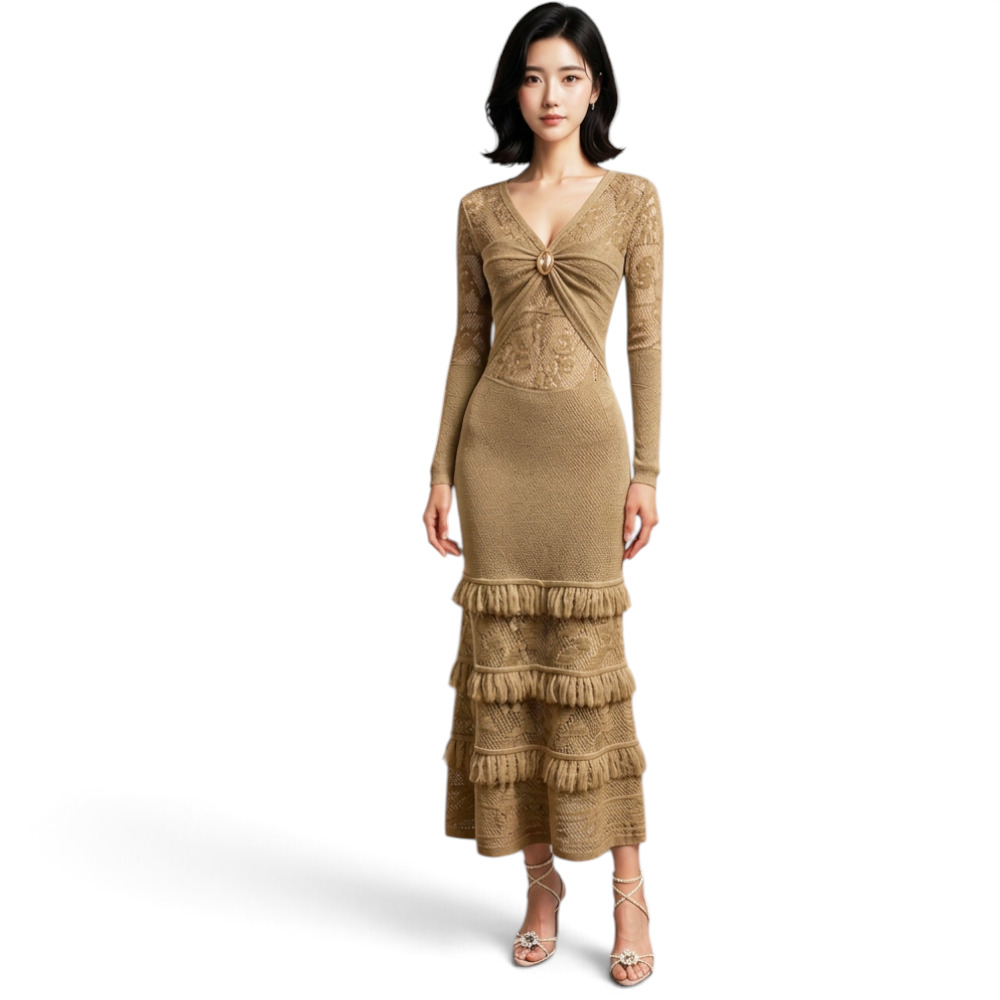 VESTIDO ENCAJE BRA127G-48 FLECOS TACTO ALGODON COLOR CARTON - 1