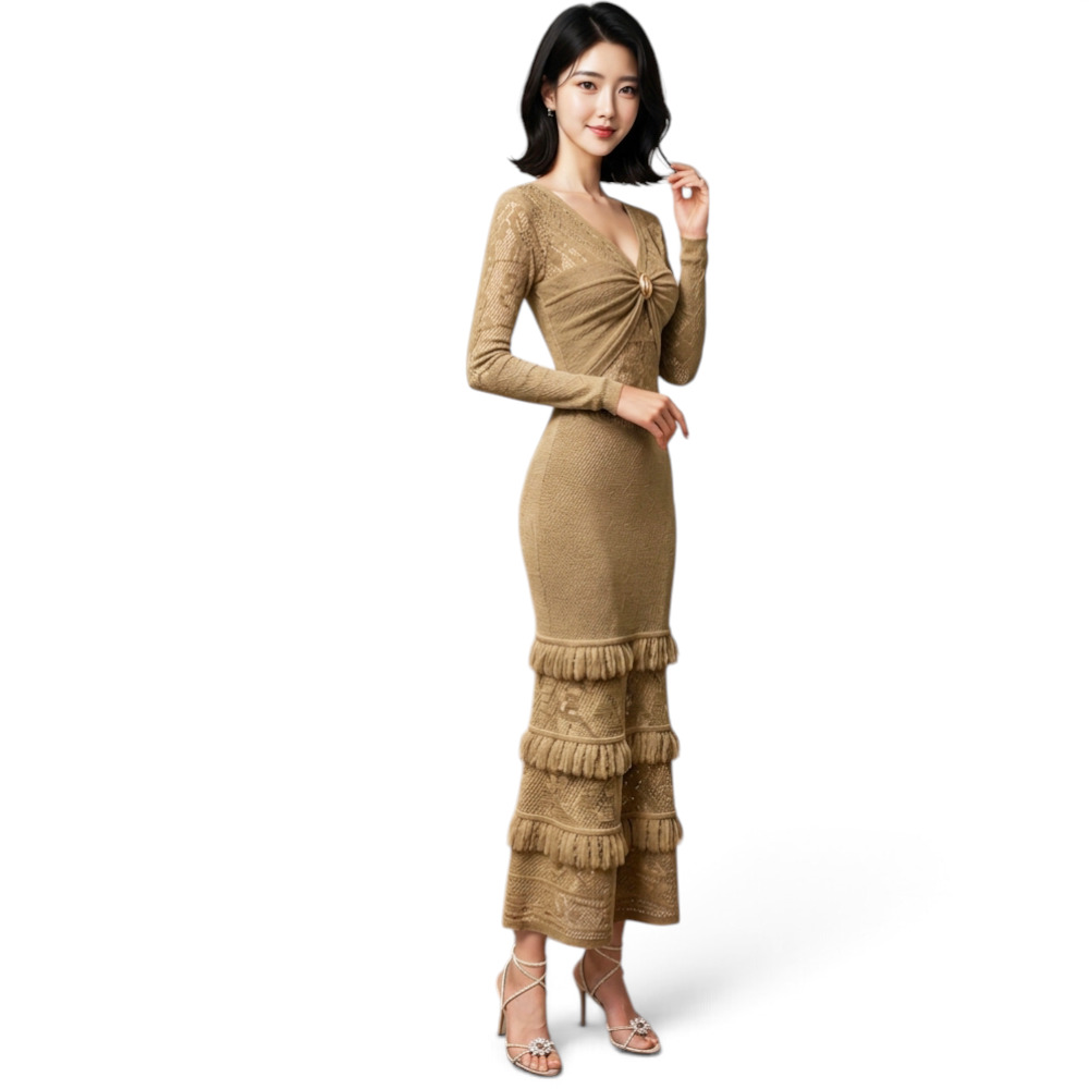 VESTIDO ENCAJE BRA127G-48 FLECOS TACTO ALGODON COLOR CARTON - 3