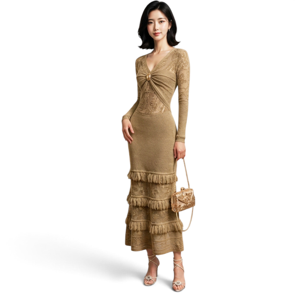 VESTIDO ENCAJE BRA127G-48 FLECOS TACTO ALGODON COLOR CARTON - 4