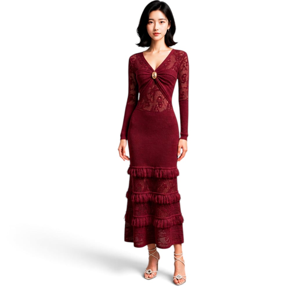 VESTIDO ENCAJE BRA127G-48 FLECOS TACTO ALGODON COLOR VINO - 1