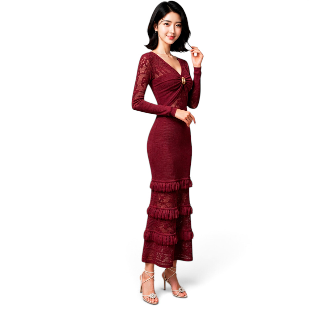 VESTIDO ENCAJE BRA127G-48 FLECOS TACTO ALGODON COLOR VINO - 3