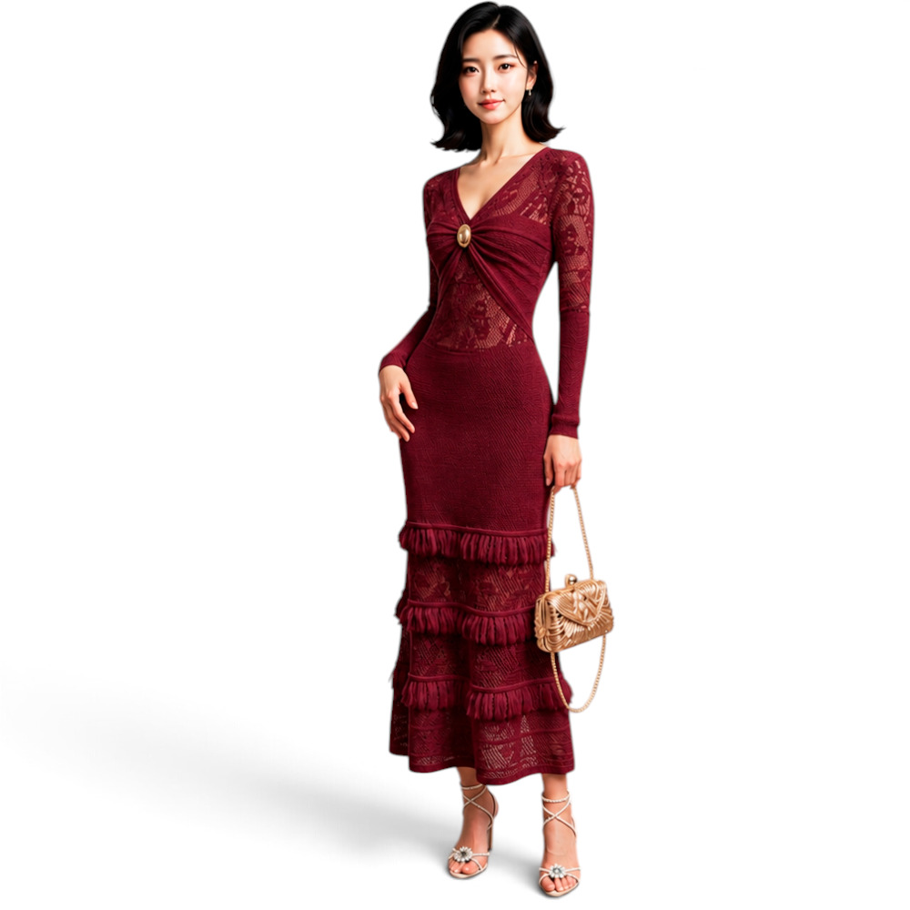 VESTIDO ENCAJE BRA127G-48 FLECOS TACTO ALGODON COLOR VINO - 4