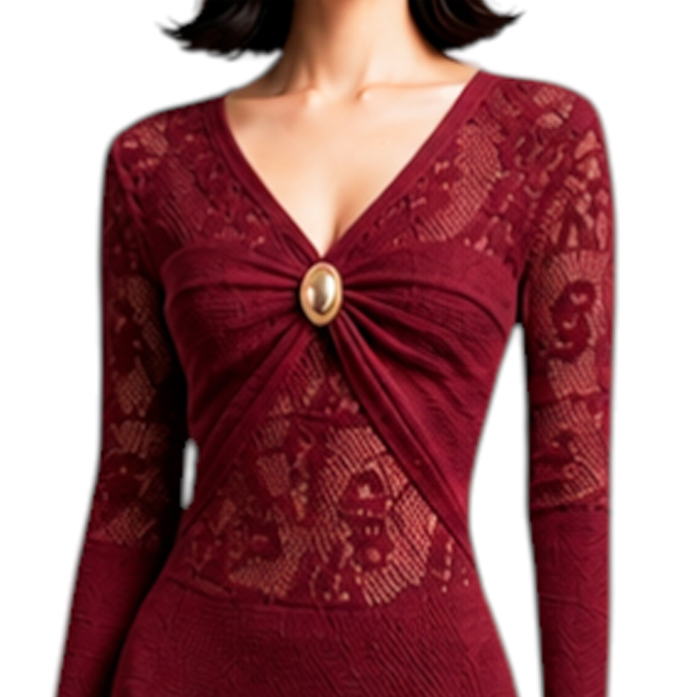 VESTIDO ENCAJE BRA127G-48 FLECOS TACTO ALGODON COLOR VINO - 5