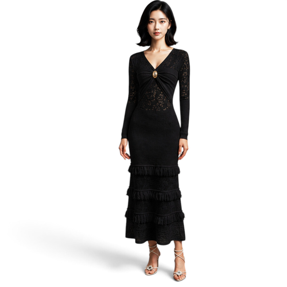 VESTIDO ENCAJE BRA127G-48 FLECOS TACTO ALGODON COLOR NEGRO - 1
