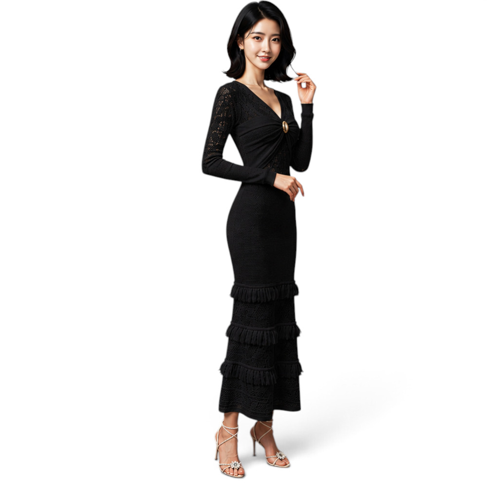 VESTIDO ENCAJE BRA127G-48 FLECOS TACTO ALGODON COLOR NEGRO - 3