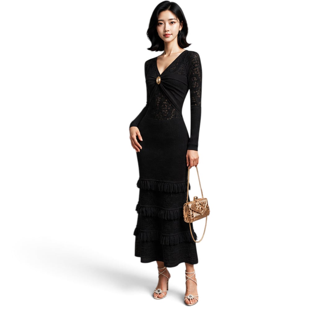 VESTIDO ENCAJE BRA127G-48 FLECOS TACTO ALGODON COLOR NEGRO - 4