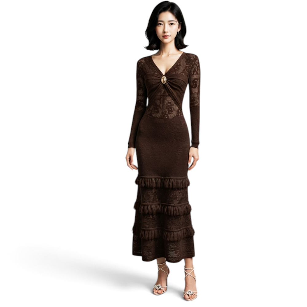 VESTIDO ENCAJE BRA127G-48 FLECOS TACTO ALGODON COLOR CHOCOLATE - 1