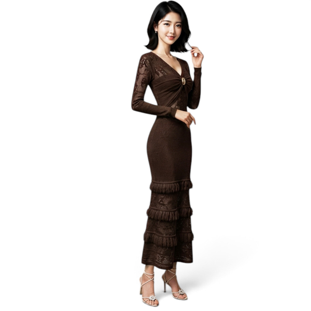 VESTIDO ENCAJE BRA127G-48 FLECOS TACTO ALGODON COLOR CHOCOLATE - 3