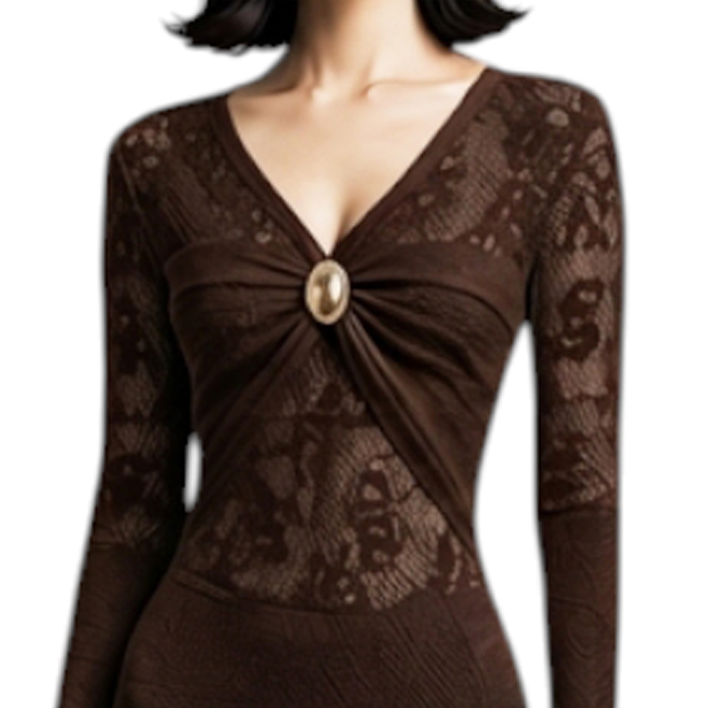 VESTIDO ENCAJE BRA127G-48 FLECOS TACTO ALGODON COLOR CHOCOLATE - 5