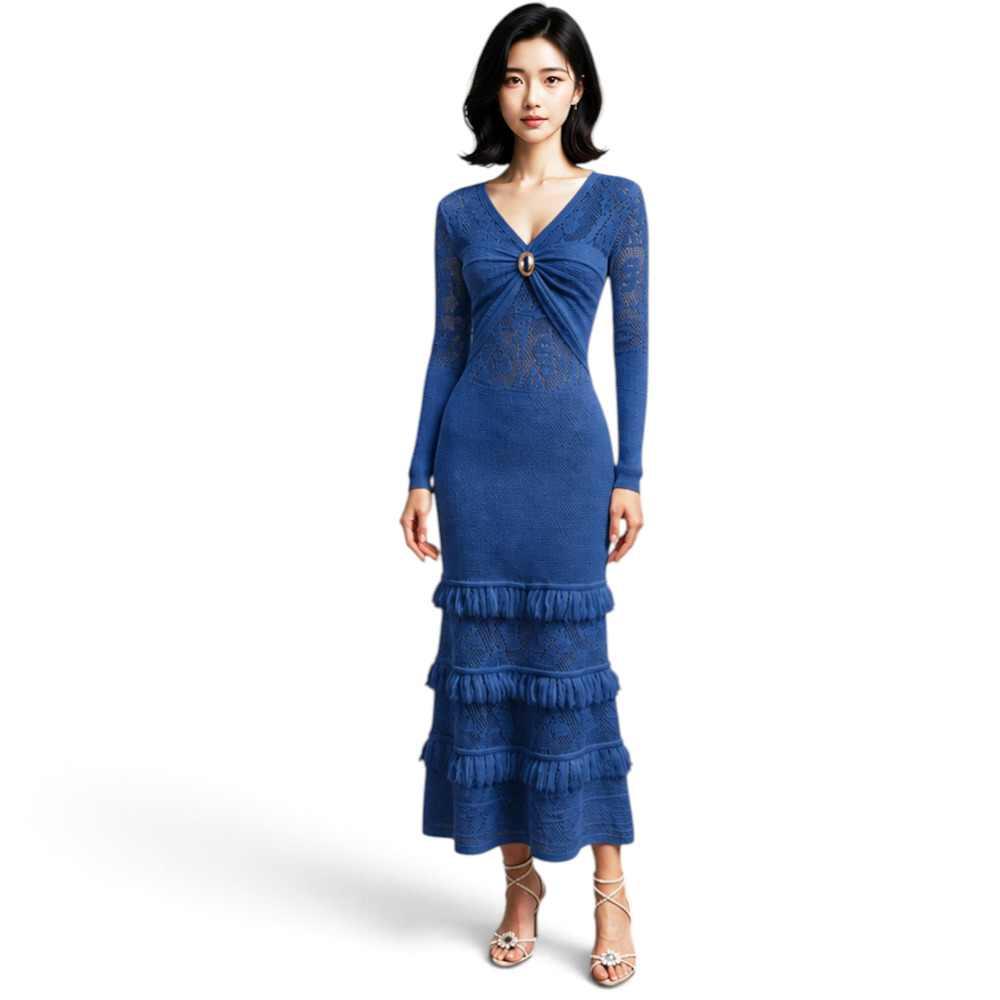 VESTIDO ENCAJE BRA127G-48 FLECOS TACTO ALGODON COLOR AZUL GRAFITO - 1