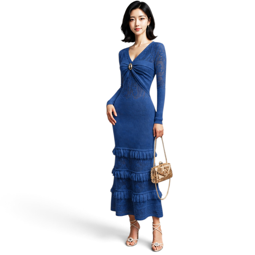 VESTIDO ENCAJE BRA127G-48 FLECOS TACTO ALGODON COLOR AZUL GRAFITO - 4