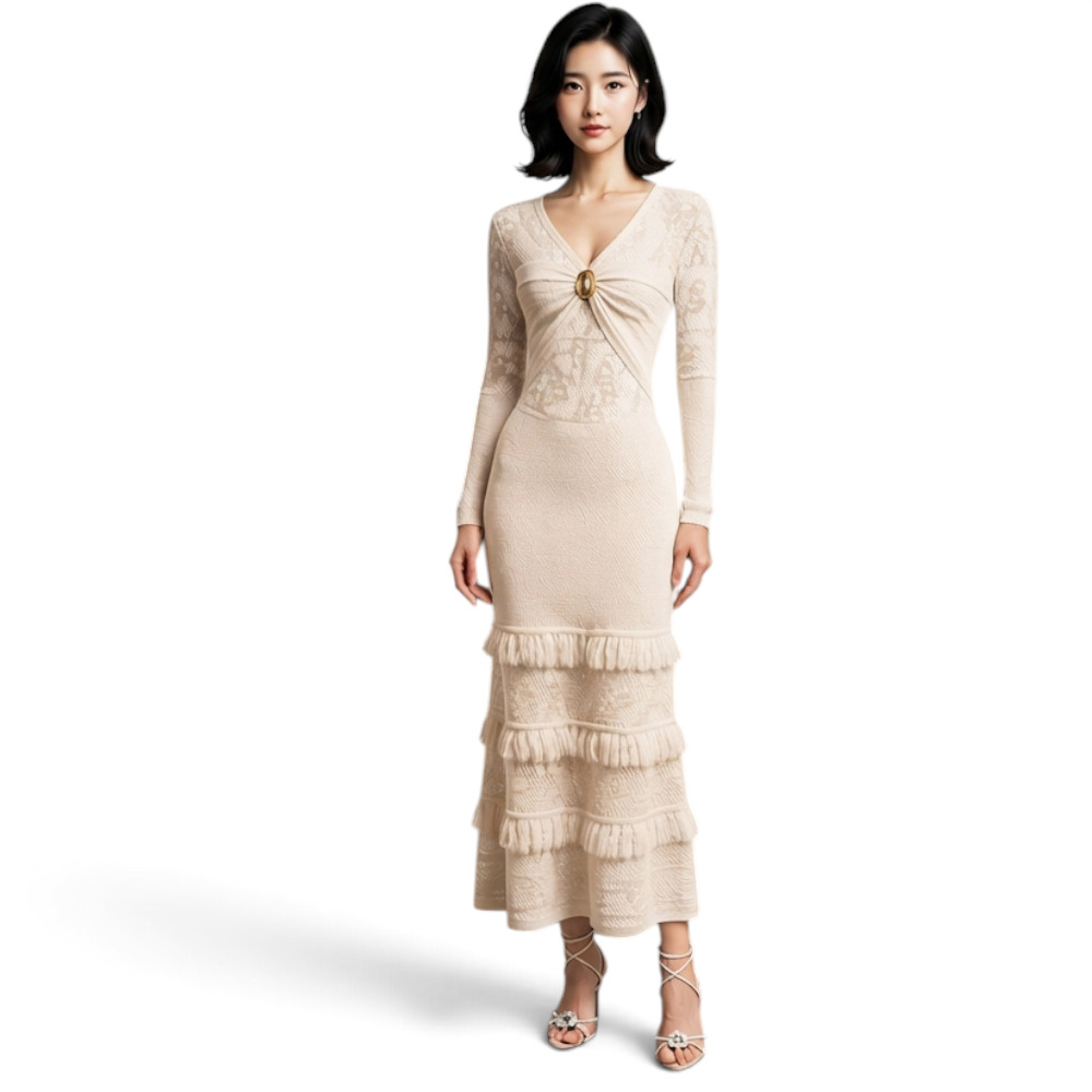 VESTIDO ENCAJE BRA127G-48 FLECOS TACTO ALGODON COLOR CRUDO - 1